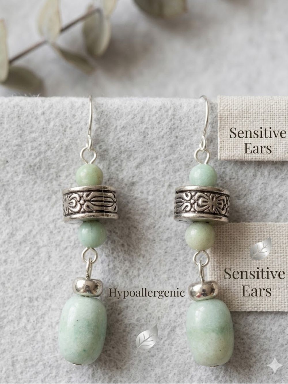 Sensitive Ears NWT Light Green Stone Hypoallergenic Dangle Earrings Silver Boho